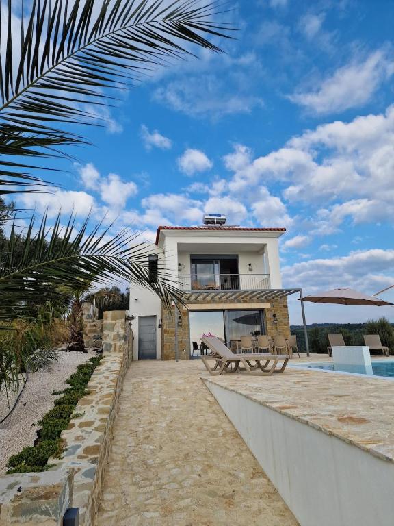 a house on the beach with a palm tree at Seeview Villa and Mountain view in Grizókambos