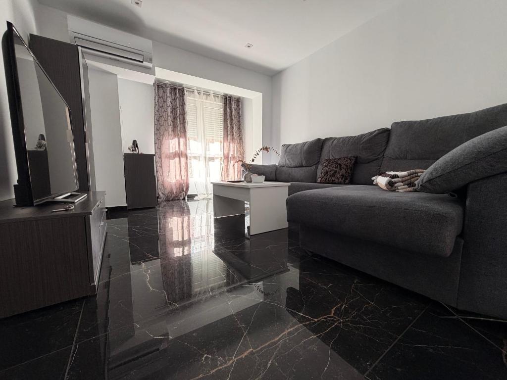 een woonkamer met een bank en een hond erop. bij CASTELLON DELUXE in Castellón de la Plana