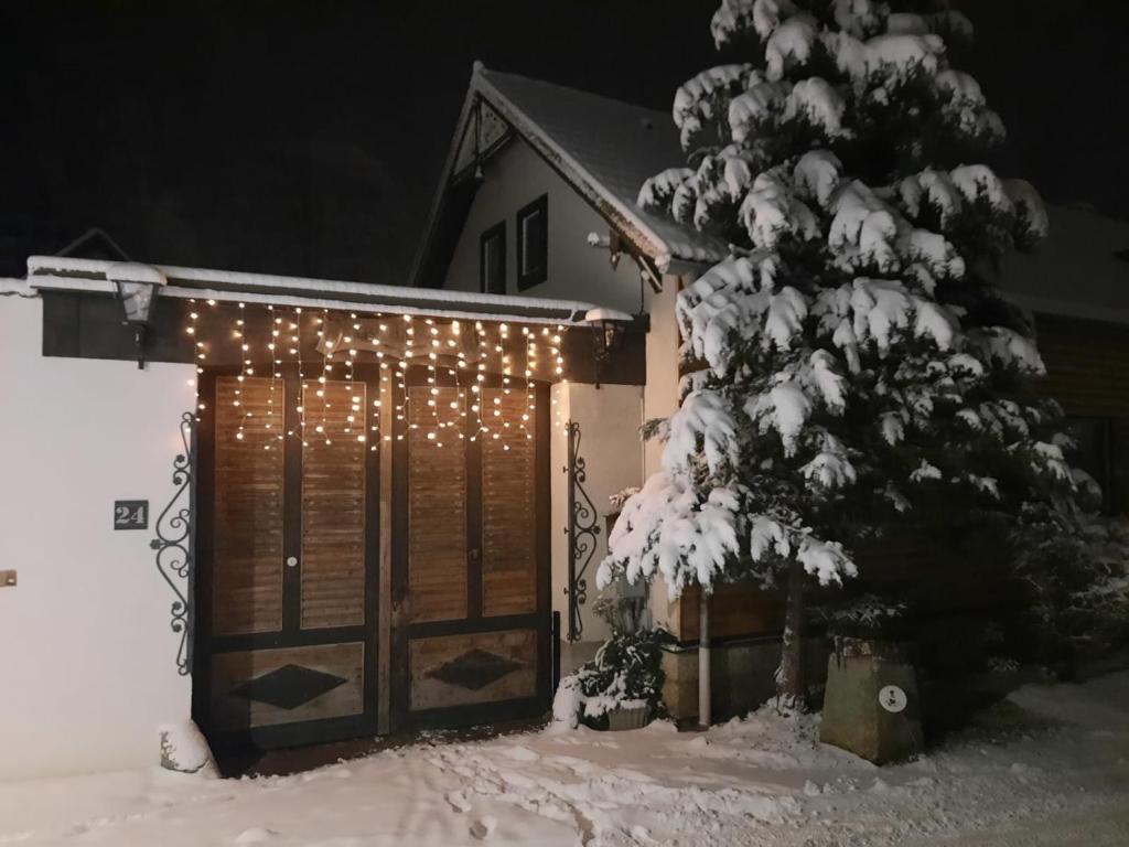 a house with a gate and a tree with lights at Heindlhof in Gloggnitz