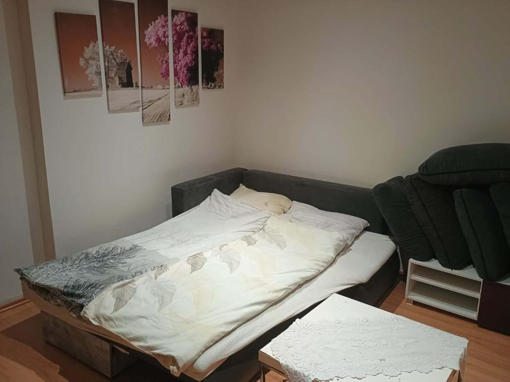 een onopgemaakt bed in een kamer met een bank bij Centrum Czeski Cieszyn in Karviná
