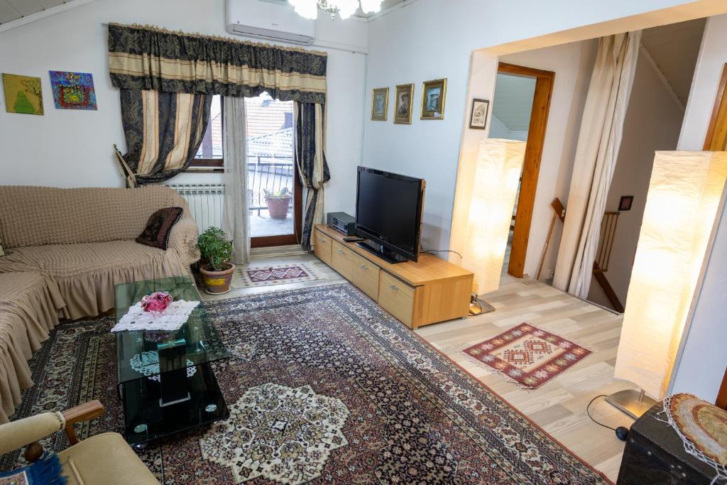 een woonkamer met een bank en een tv bij Guest House Fena in Sarajevo