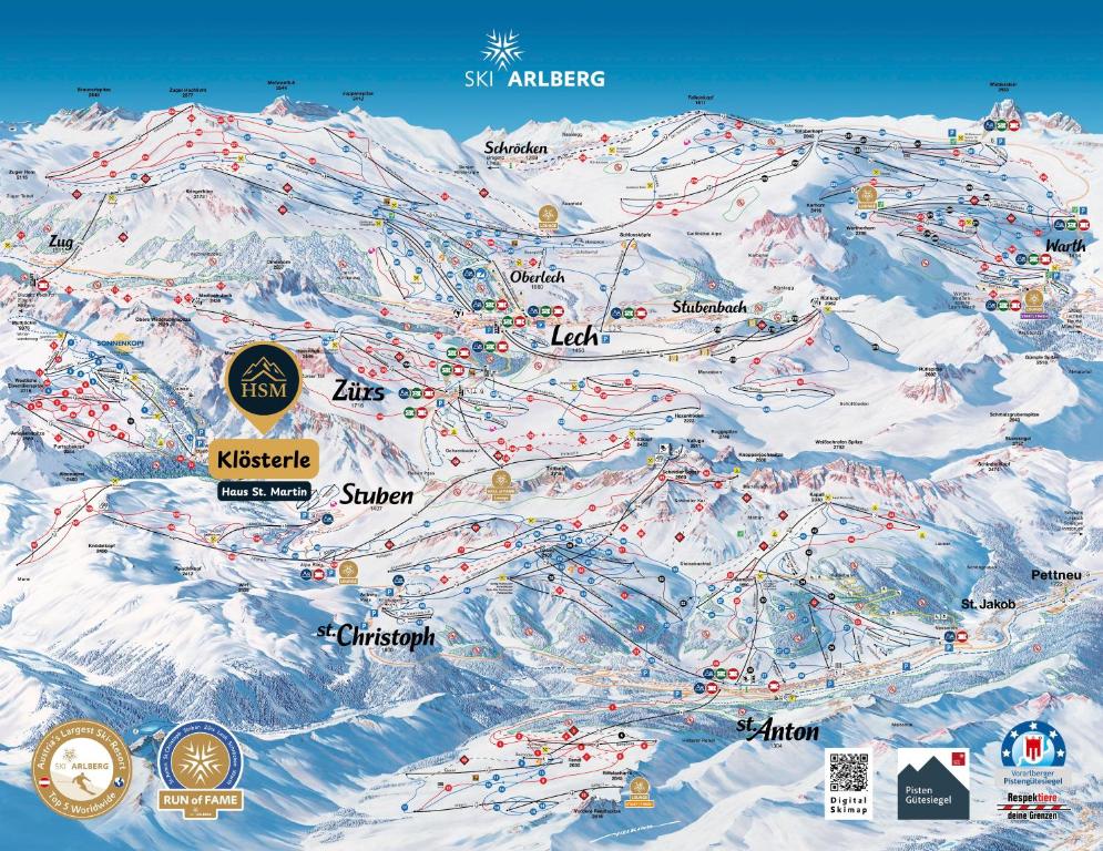 Een plattegrond van het skigebied van Ski America. bij Haus St. Martin in Klösterle am Arlberg