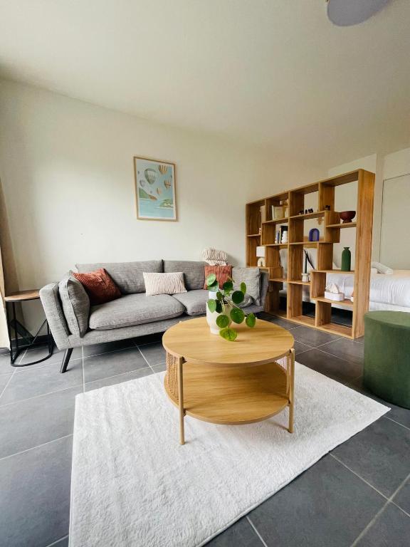 a living room with a couch and a coffee table at Les pieds dans l'eau in Thonon-les-Bains