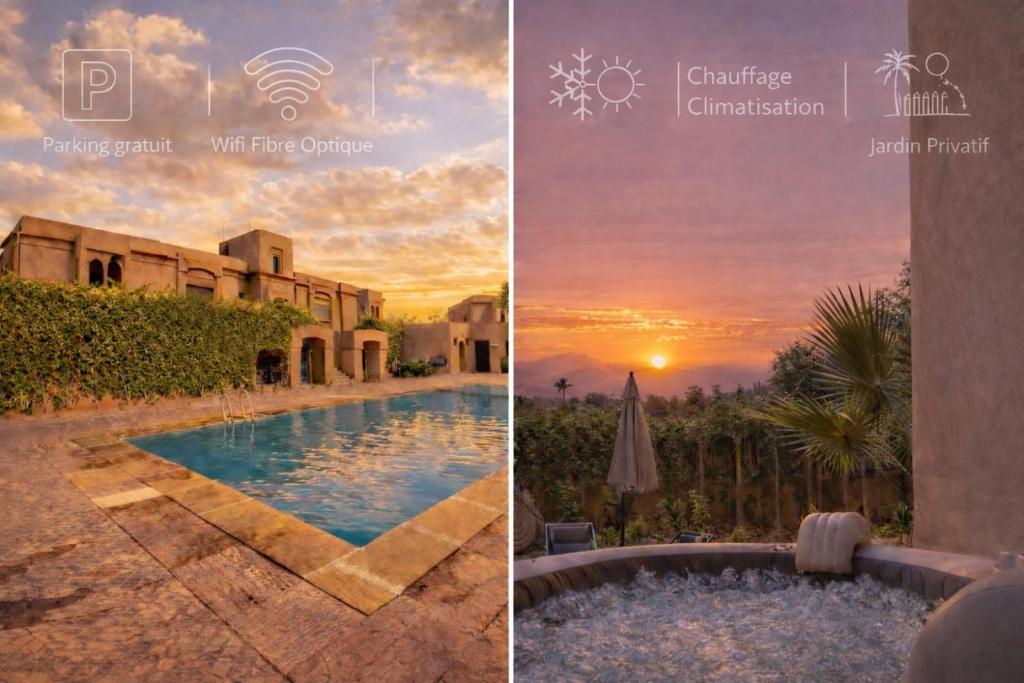 twee foto's van een villa met zwembad bij Modern Garden-Level Apartment with Pool & Jacuzzi in Marrakesh