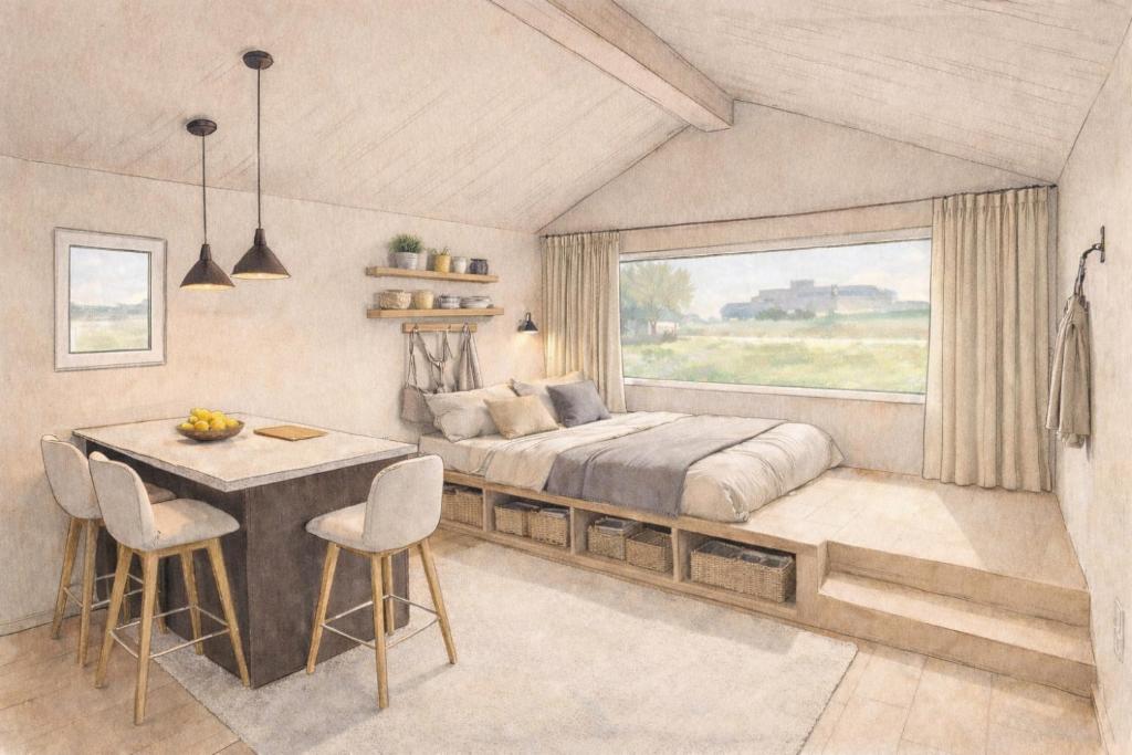 En eller flere senge i et værelse på Die Tinys - Tiny Häuser am Attersee