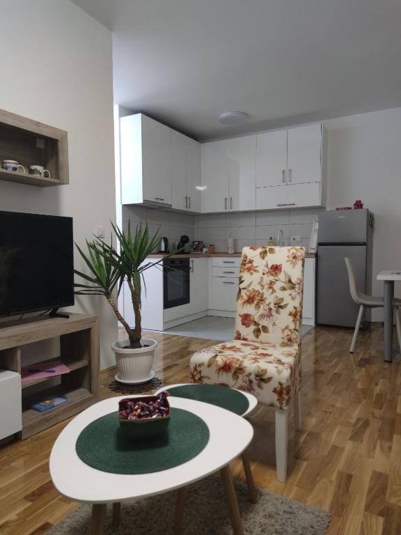 a living room with a table and a chair at Apartman ZID in Smederevska Palanka