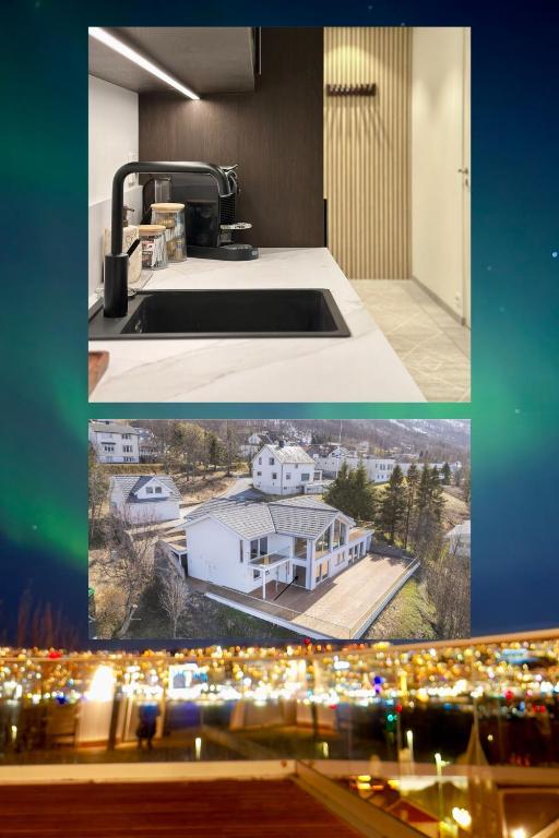 a collage of two pictures of a kitchen and a house at Tromso Panorama in Tromsø