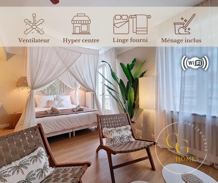 una camera da letto con un letto e una sedia in una stanza di La Suite BALI, Charme et Confort, Hyper centre a La Roche-sur-Yon