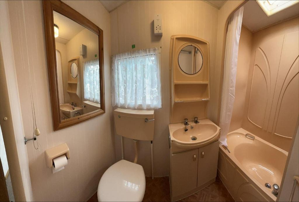 ein Badezimmer mit Waschbecken, Toilette und Spiegel in der Unterkunft Southview Holiday Park in Winthorpe