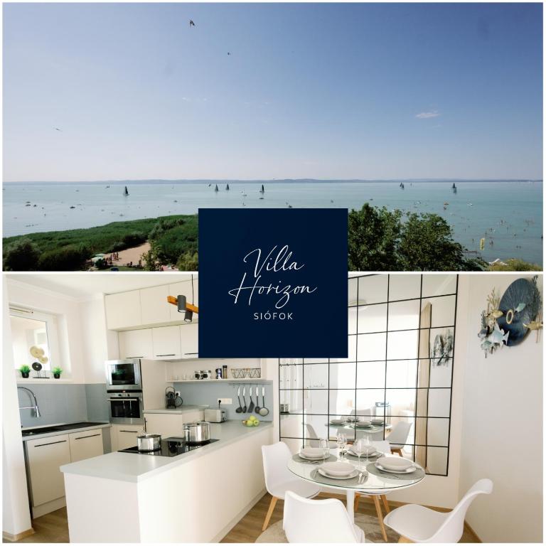 a kitchen with a table and a blue sign on it at Villa Horizon-Siófok in Siófok