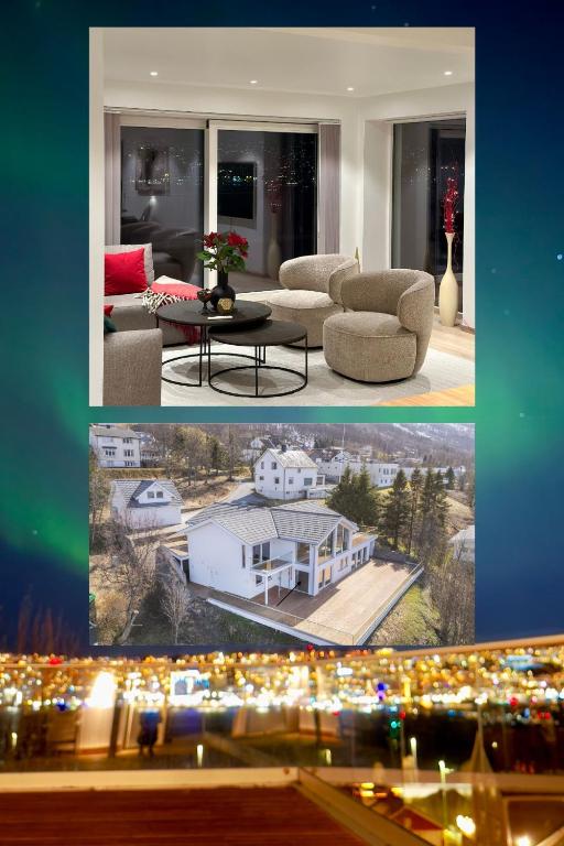 a collage of two pictures of a living room at Nordic Panorama in Tromsø