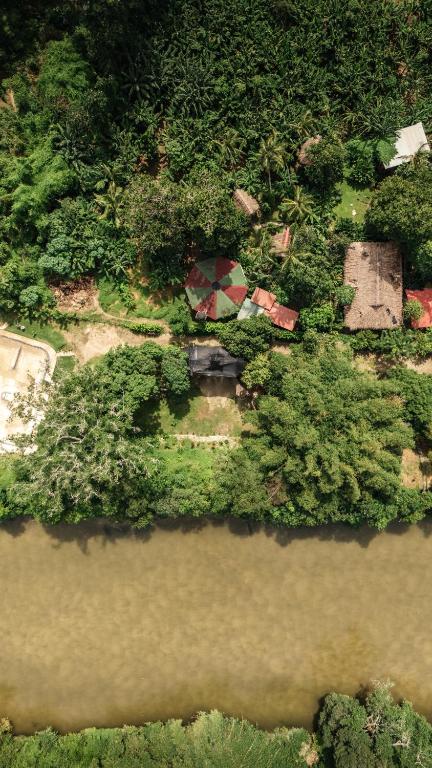 an aerial view of a house next to a river at La Playita in Guachaca