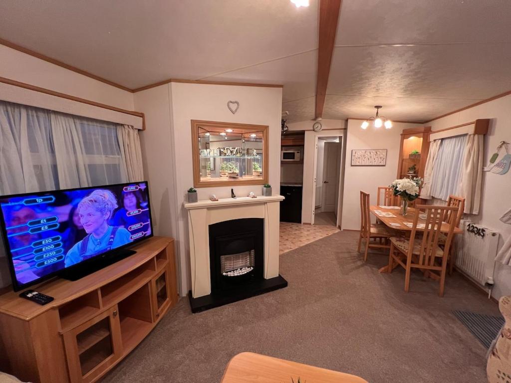 een woonkamer met een flatscreen-tv en een open haard bij A & C Coastal Hideaway with outside Decking in East Mersea