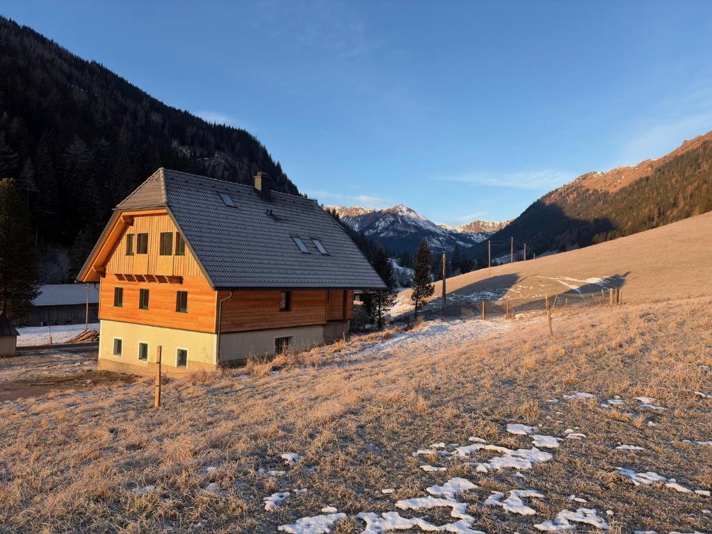 een schuur op een heuvel in een veld bij Das Detox Almhaus in Pusterwald