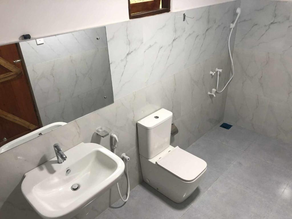 un bagno con lavandino, WC e specchio di Priya Homestay Kandalama a Dambulla