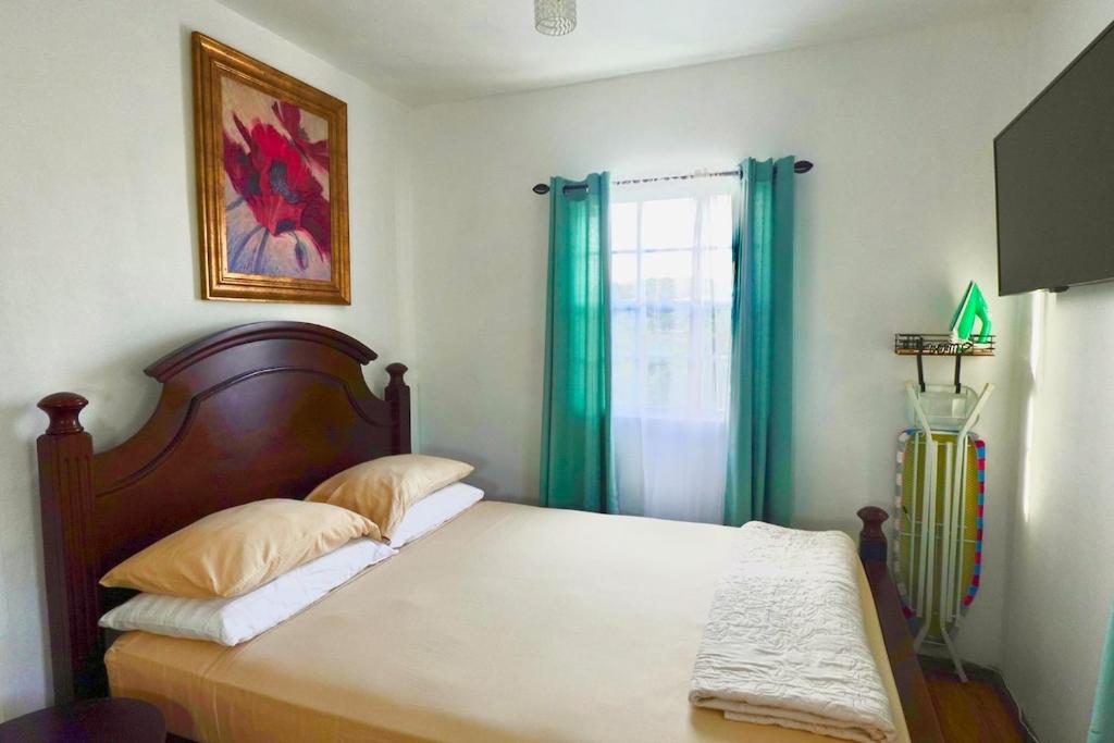 een slaapkamer met een bed en een raam met groene gordijnen bij Modern Cozy Apartment in Buckleys