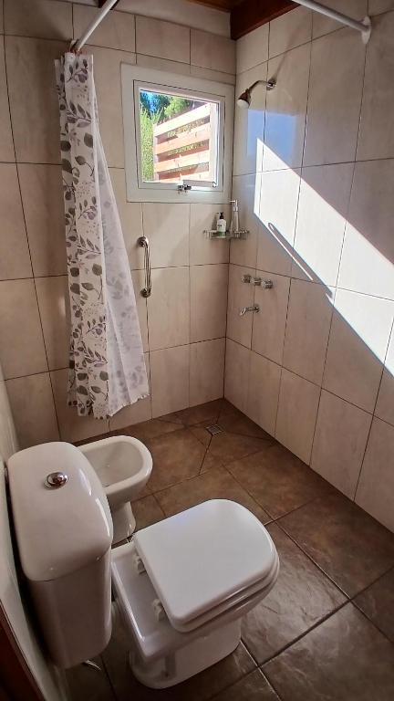 a bathroom with a toilet and a sink and a window at Los Nenúfares in Lago Puelo