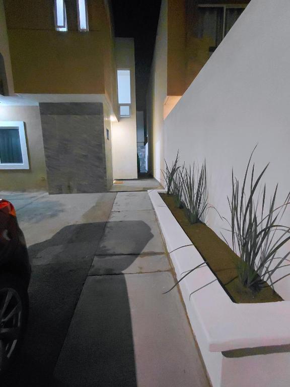 a hallway of a building with plants on the side at Residencia Mediterráneo con Casa Club y Alberca in La Paz
