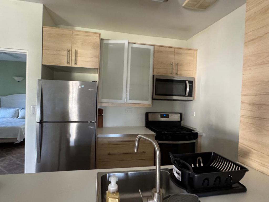 kuchnia ze stalową lodówką i zlewem w obiekcie The Palms apt 2 w mieście Cedar Grove