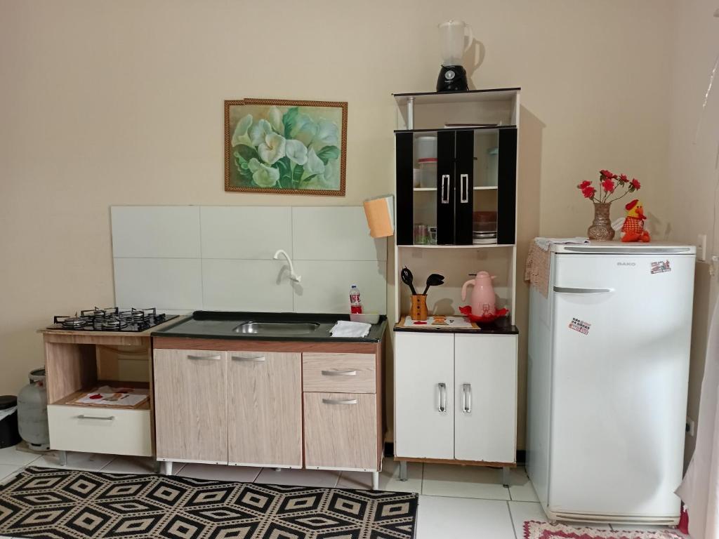 een kleine keuken met een koelkast en een wastafel bij Kitnet das férias in Pontal do Paraná