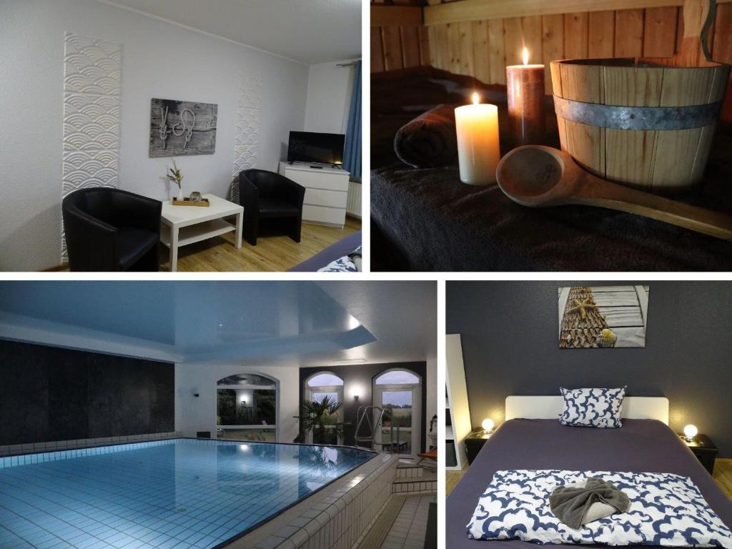 een collage van drie foto's van een slaapkamer en een zwembad bij Fewo Seeanker in Friedrichskoog