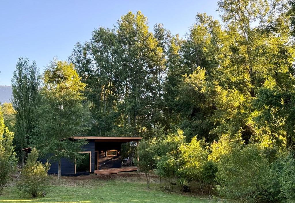 a wooden cabin in the middle of trees at Casa Oregon Pucura in Traitraico