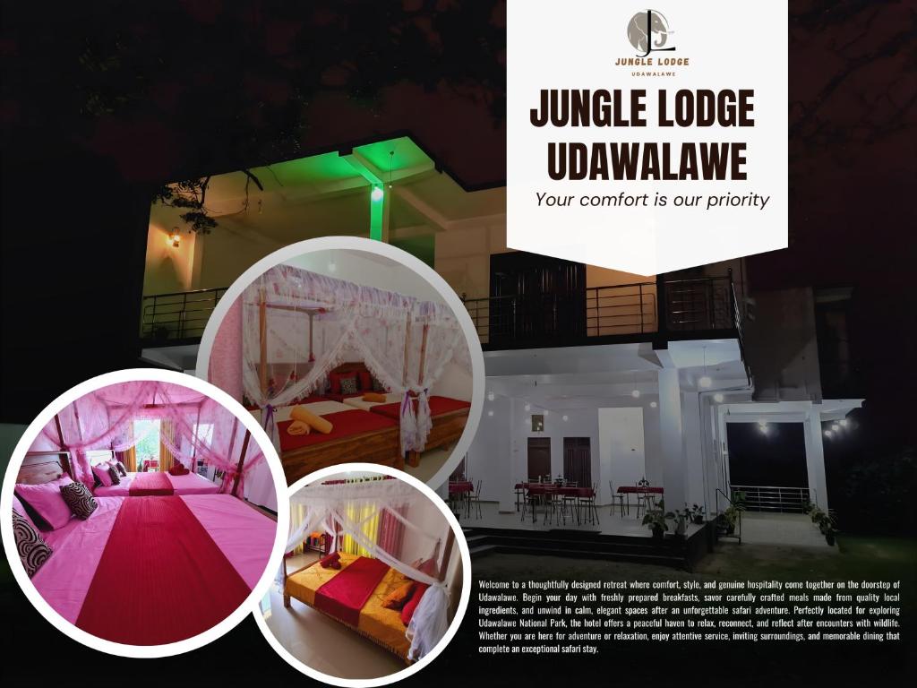 a collage of four pictures of a room with a bed at Jungle Lodge in Udawalawe