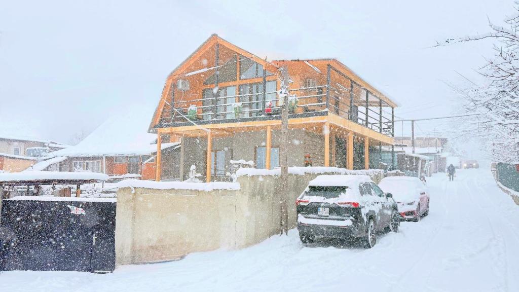 een huis met auto's geparkeerd in de sneeuw bij happy pandasN12 in Borjomi