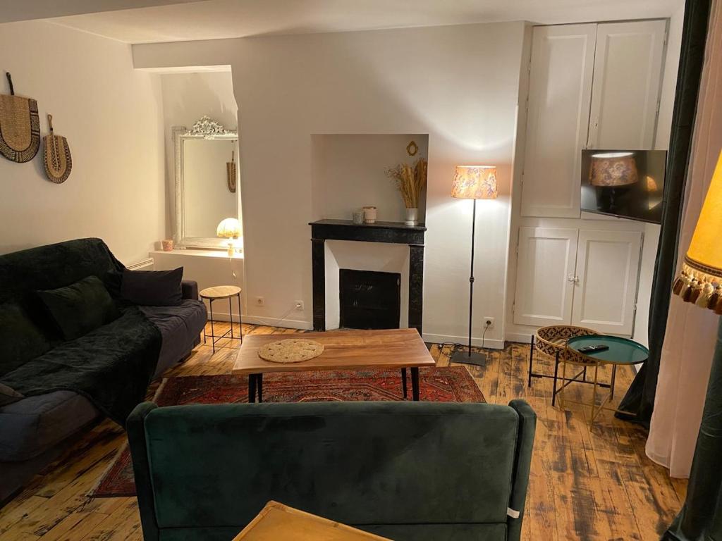 ein Wohnzimmer mit Sofa und Kamin in der Unterkunft La source, maison de ville vieux Périgueux in Périgueux