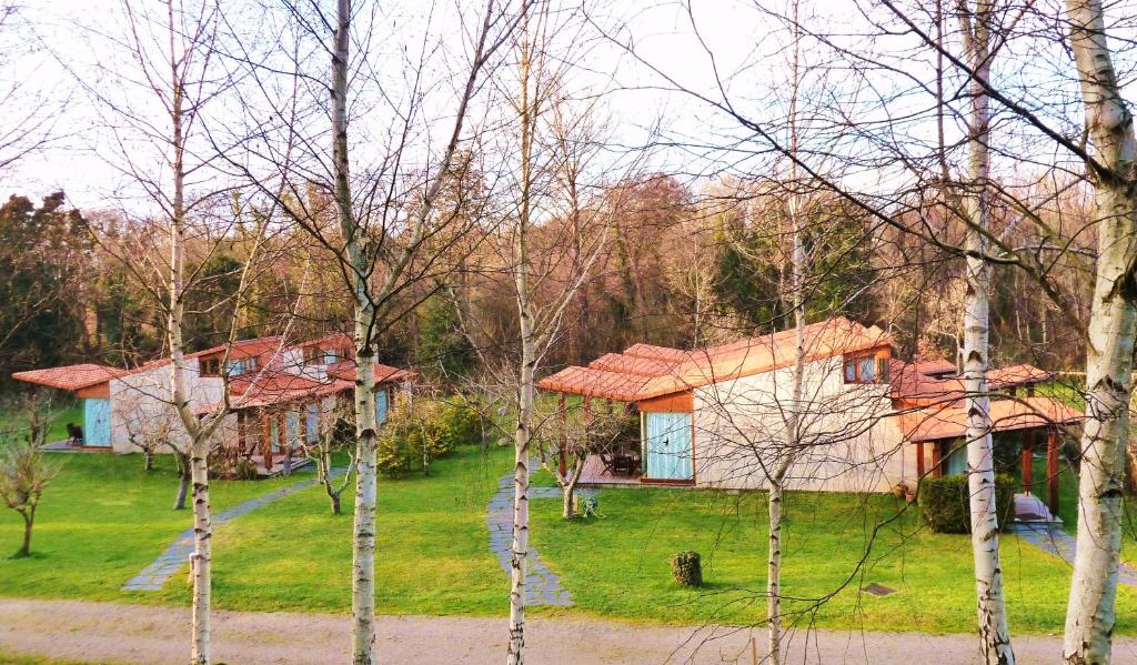una casa en medio de un patio con árboles en Bungalow Camping Los Manzanos, en Santa Cruz de Oleiros