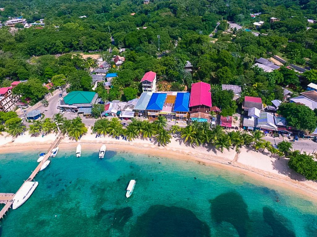 an aerial view of a beach with boats in the water at Mr. Tucan Hotel in West End