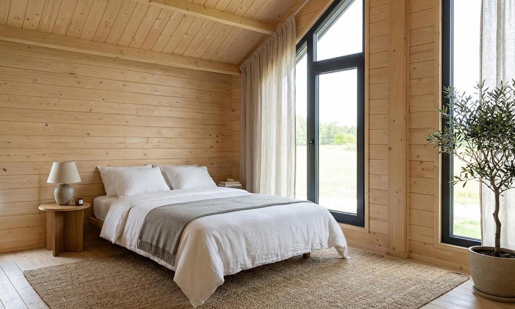 ein Schlafzimmer mit einem Bett und einem großen Fenster in der Unterkunft Domki Lubikowo in Lubikowo