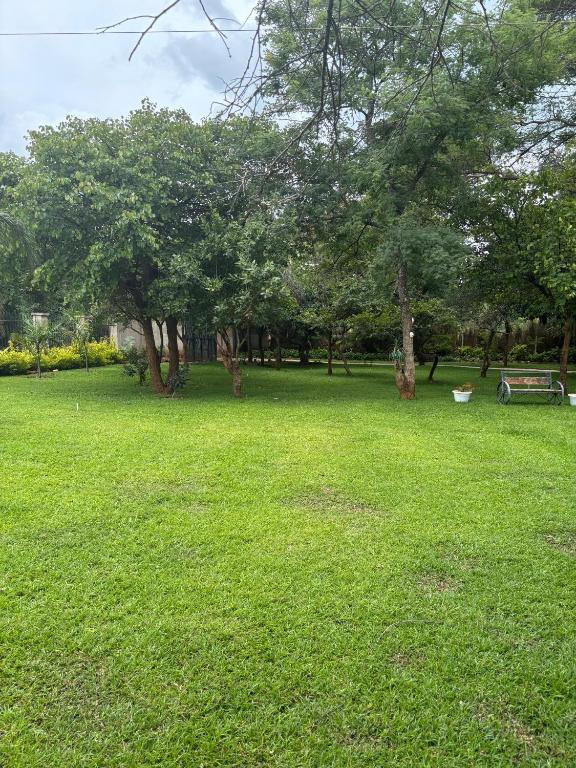 a park with a bench and trees and grass at Zengu in Lusaka