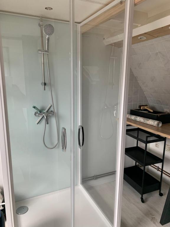 een douche met een glazen deur in een badkamer bij A 2 pas de la plage in Le Portel