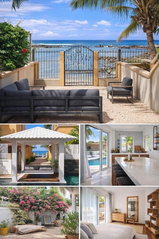 a collage of photos of a living room with a couch at Tia Beach House - Beachfront Villa, Pool & Hammam in Albion