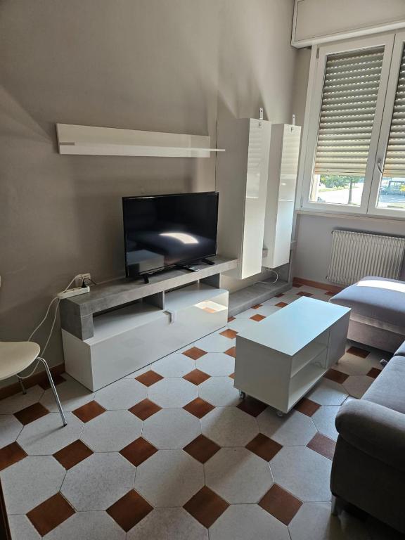 een woonkamer met een flatscreen-tv en een bank bij Appartamento vicino lo stadio con garage in Piacenza