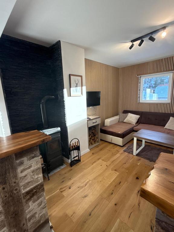 een woonkamer met een bank en een open haard bij Apartman D&D Šišava Vlašić in Vlasic
