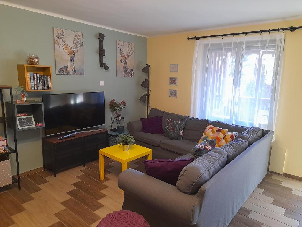 a living room with a couch and a flat screen tv at Nárcisz Vendégház 2 in Mezőkövesd