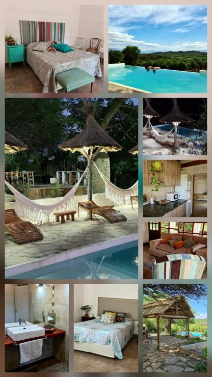 a collage of photos with a hammock and a pool at Casa Dique Cabra Corral in Coronel Moldes