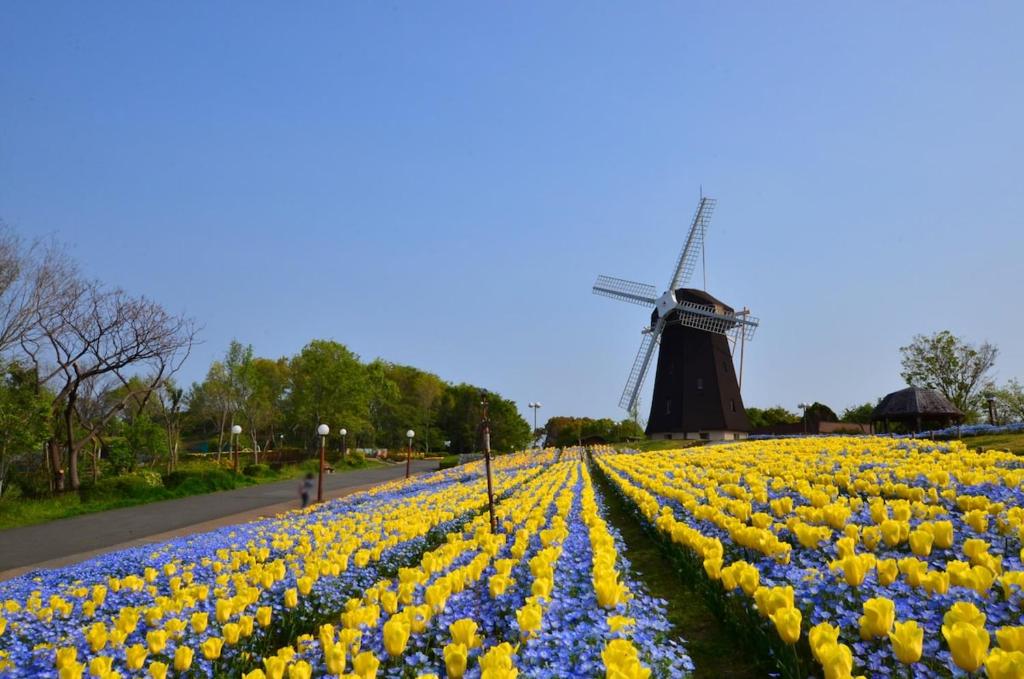 a field of flowers with a windmill in the background at Tsurumi Green Base 2LDK in Osaka