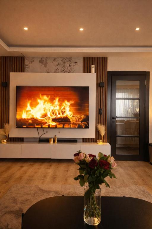 un camino in un soggiorno con camino di Tomorrowland Luxury Apartment a Boom