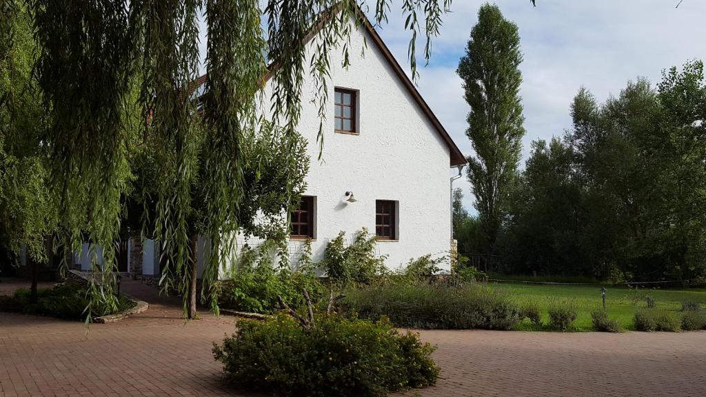 une maison blanche avec un arbre en face dans l'établissement Lesence Major, à Lesencetomaj