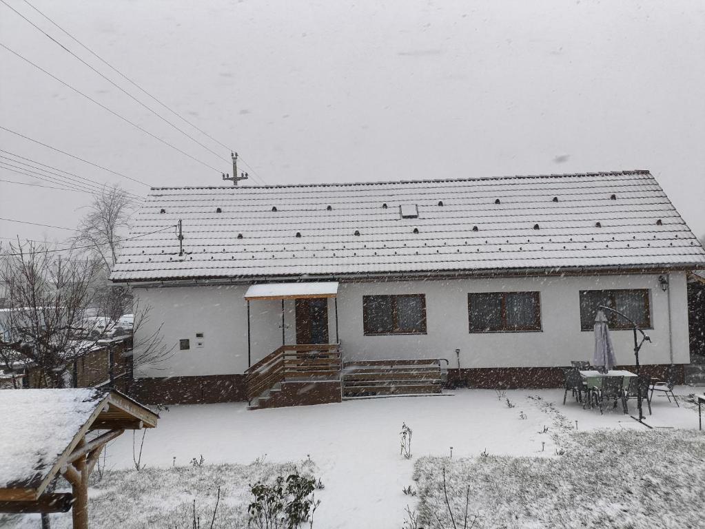 una casa con la neve sul tetto di The River Nest a Cristian