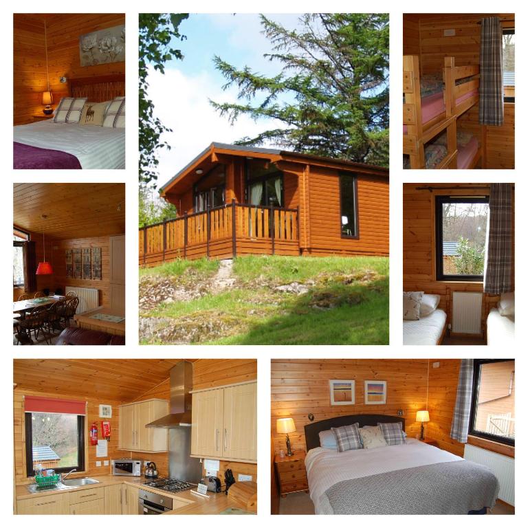 a collage of pictures of a log cabin at Woodland Oak Log Cabin, by Meall nan Tarmachan in Killin