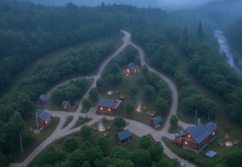 een luchtfoto van een huis midden in een bos bij Multiple cabins at Cabin Fever in Saluda