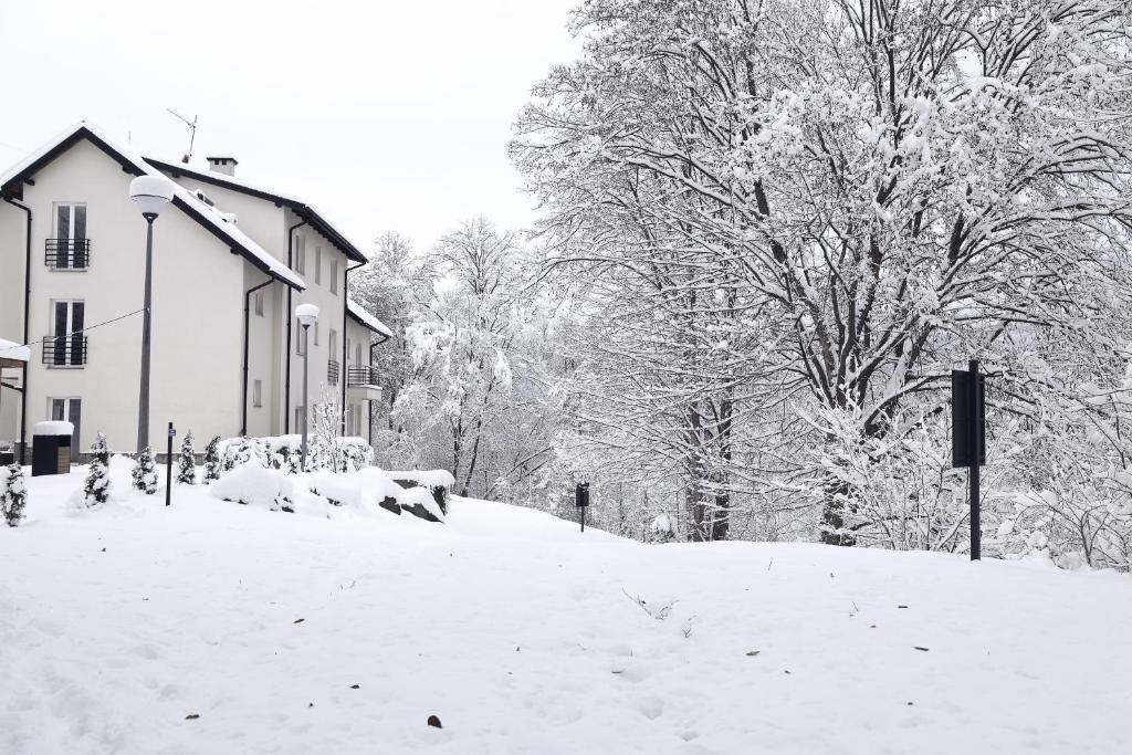 a snow covered yard with a house and a house at Pensjonat Irena in Muszyna
