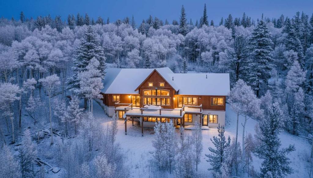 een huis midden in een met sneeuw bedekt bos bij Secluded Custom 5 BR with Panoramic Mountain Views in Alma