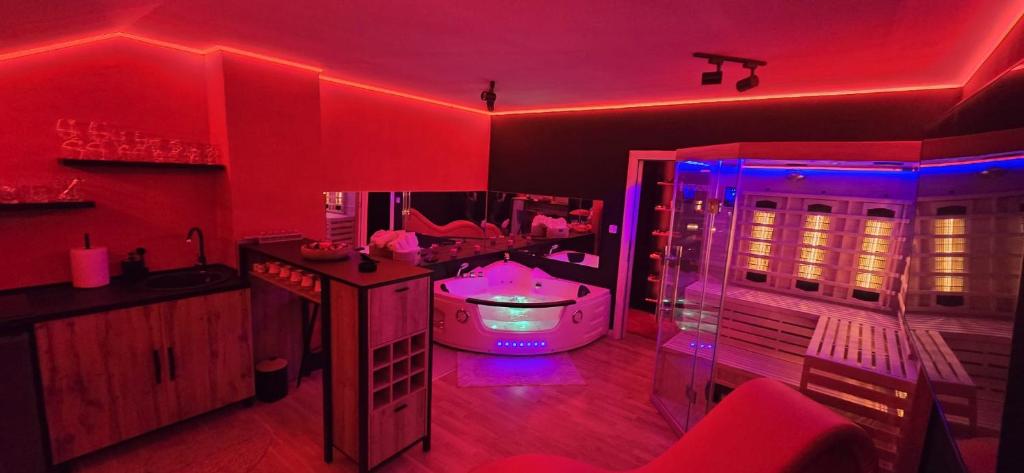 a red room with a tub and a mirror at Apartman Fantazy spa BDSM in Novi Grad