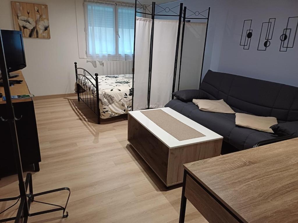 ein Wohnzimmer mit Sofa und Bett in der Unterkunft Agréable studio au rez de chaussée in Arbois