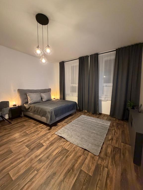 una camera da letto con un letto e un pavimento in legno di Apartmán Pardubice 3 a Pardubice
